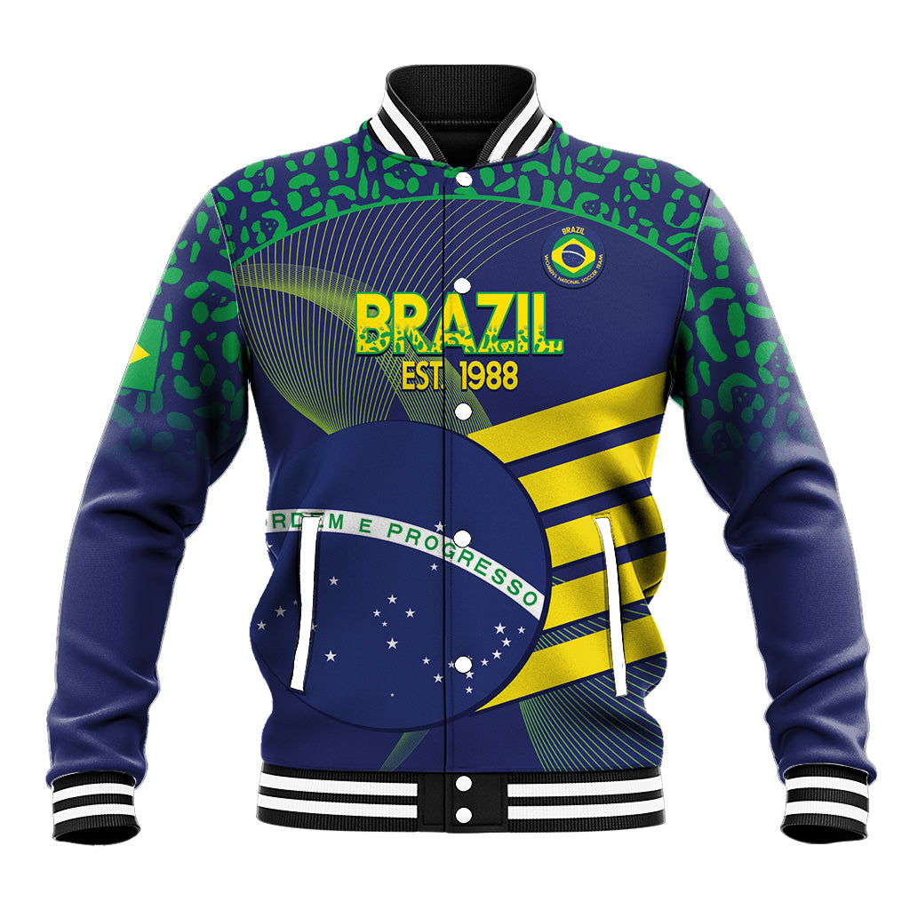 Blue, green and yellow Brazil-themed baseball jacket with front crest and striped design