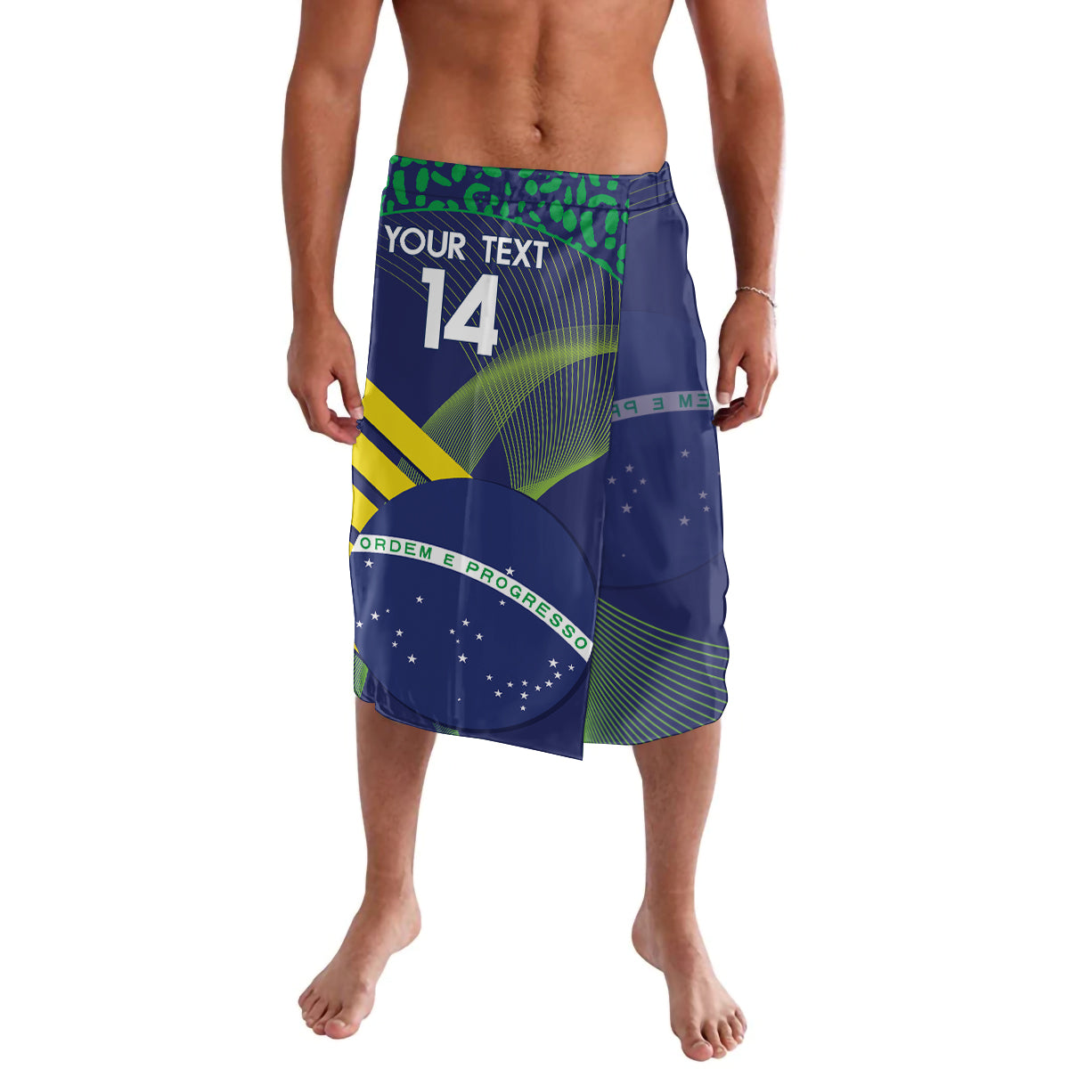 Blue graphic soccer shorts with custom text, number 14, and Brazil flag pattern.