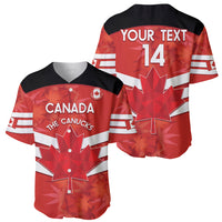 Canada red baseball jersey set: front and back views with leaf graphics, YOUR TEXT 14