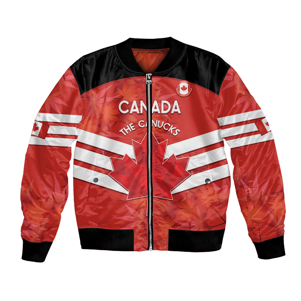 Red and black bomber jacket with Canada crest, zipper front, and white stripe sleeves