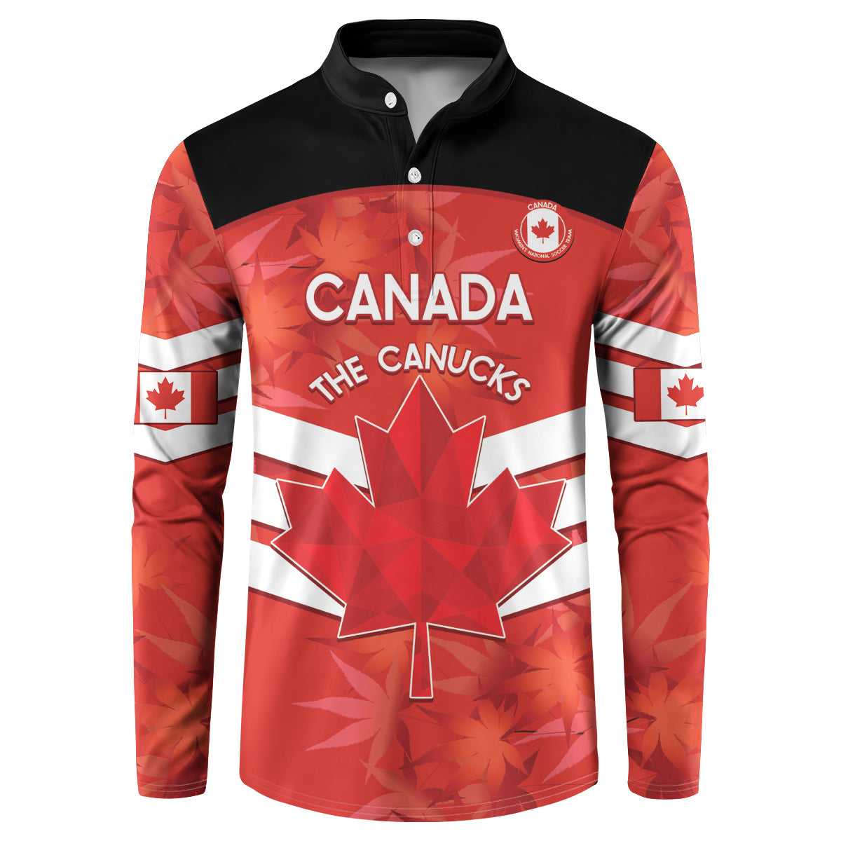 Red/black button-front Canada soccer sweatshirt with CANADA and maple leaf graphic