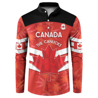 Red/black button-front Canada soccer sweatshirt with CANADA and maple leaf graphic