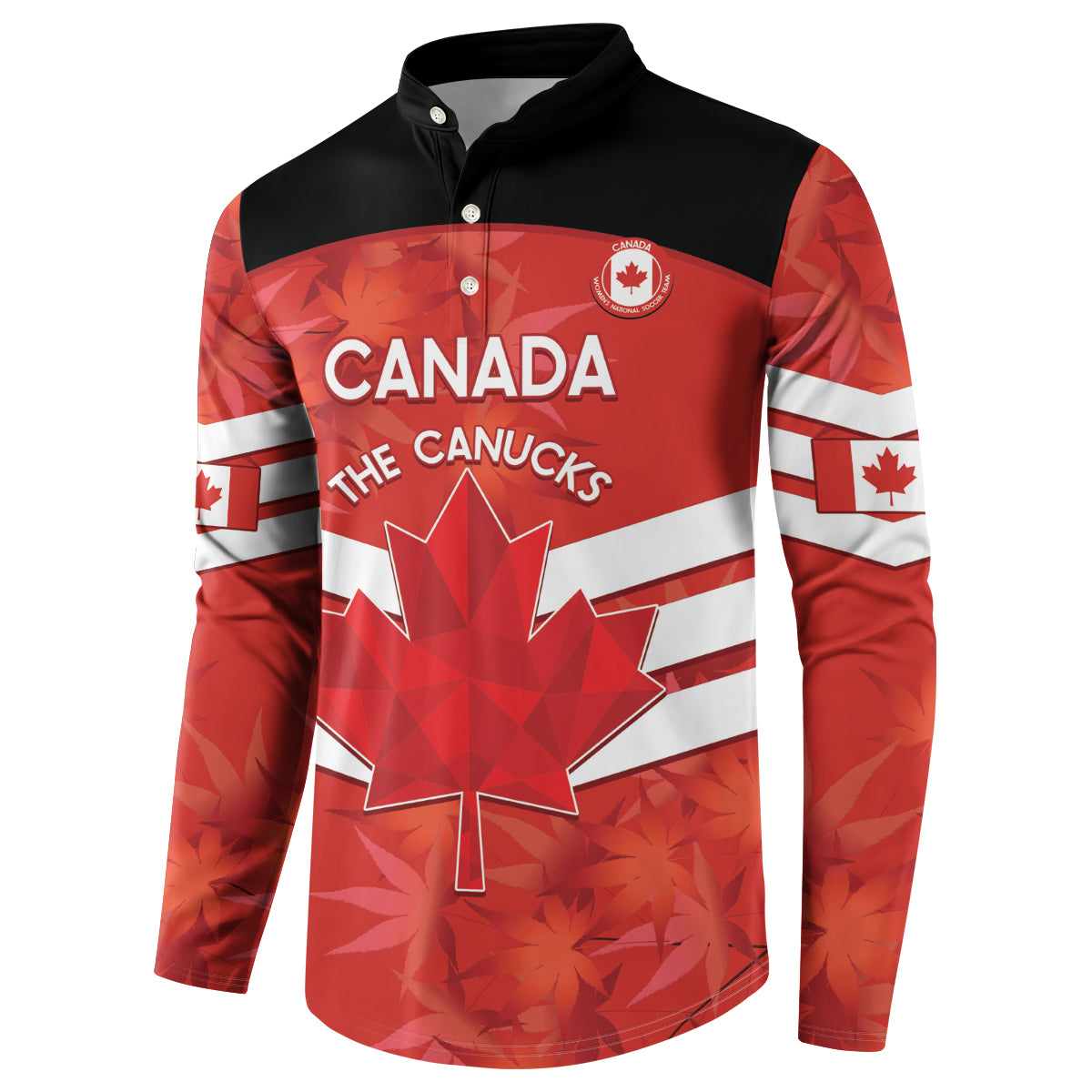 Red/black button-front Canada soccer sweatshirt, CANADA the CANUCKS text and maple leaf