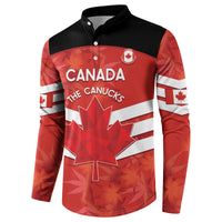 Red/black button-front Canada soccer sweatshirt, CANADA the CANUCKS text and maple leaf