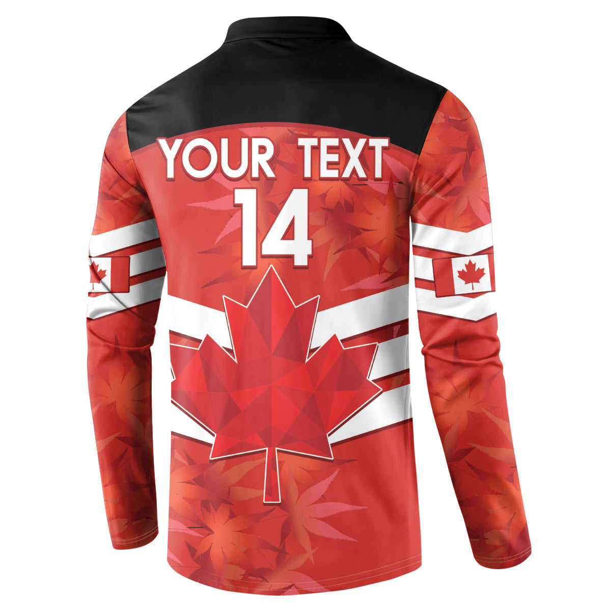 Red/black button-front soccer sweatshirt back with YOUR TEXT 14 and maple leaf