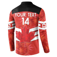 Red/black button-front soccer sweatshirt back with YOUR TEXT 14 and maple leaf