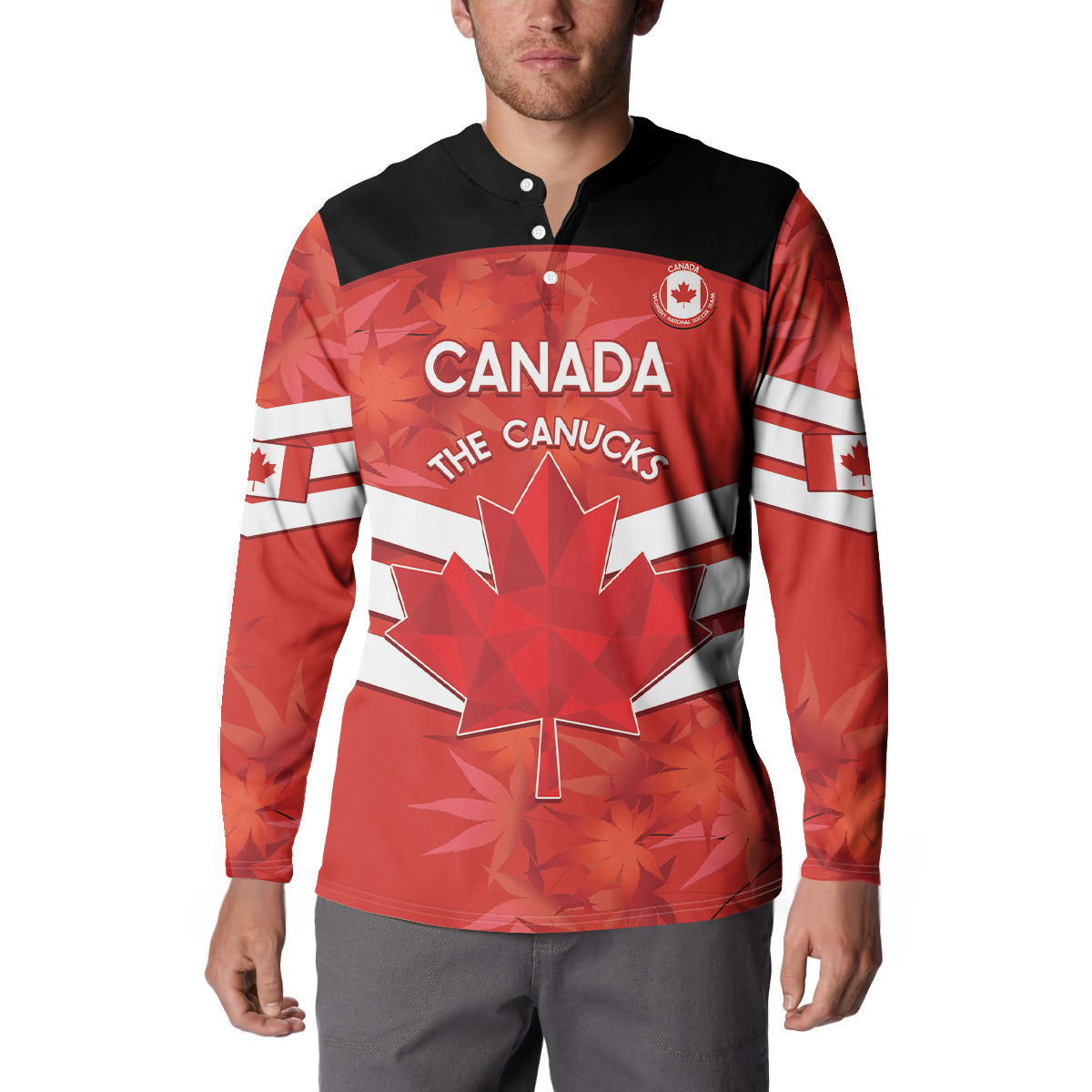 Red/black button-front Canada soccer sweatshirt on model with CANADA the CANUCKS logo