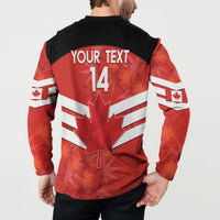 Red/black button-front Canada soccer sweatshirt on model, back YOUR TEXT 14 maple leaf