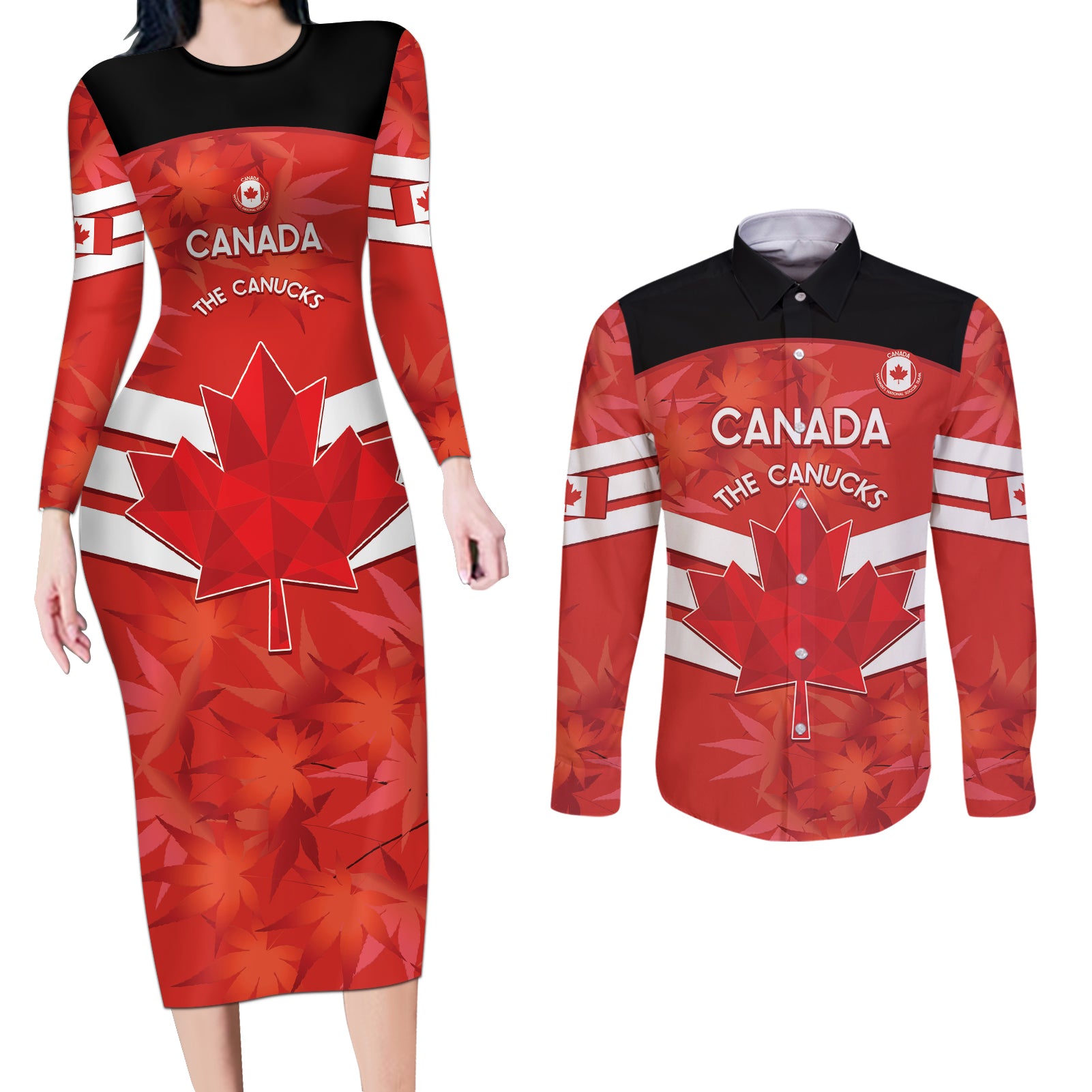 Custom Canada Soccer Couples Matching Long Sleeve Bodycon Dress and Long Sleeve Button Shirt Summer 2024 Go Champions Canucks - Wonder Print Shop