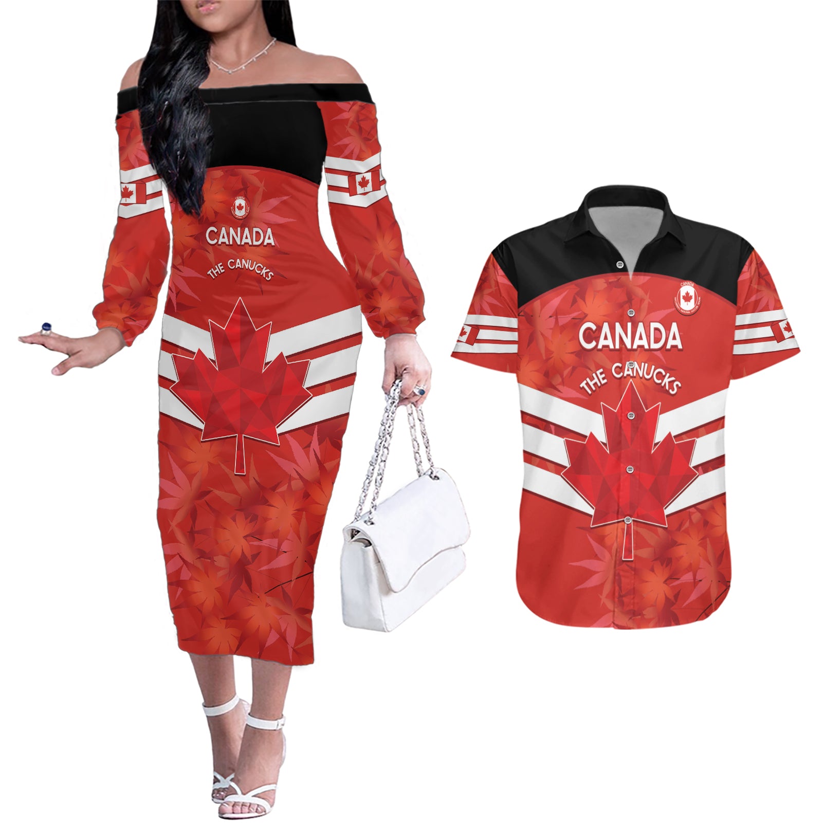 Custom Canada Soccer Couples Matching Off The Shoulder Long Sleeve Dress and Hawaiian Shirt Summer 2024 Go Champions Canucks - Wonder Print Shop