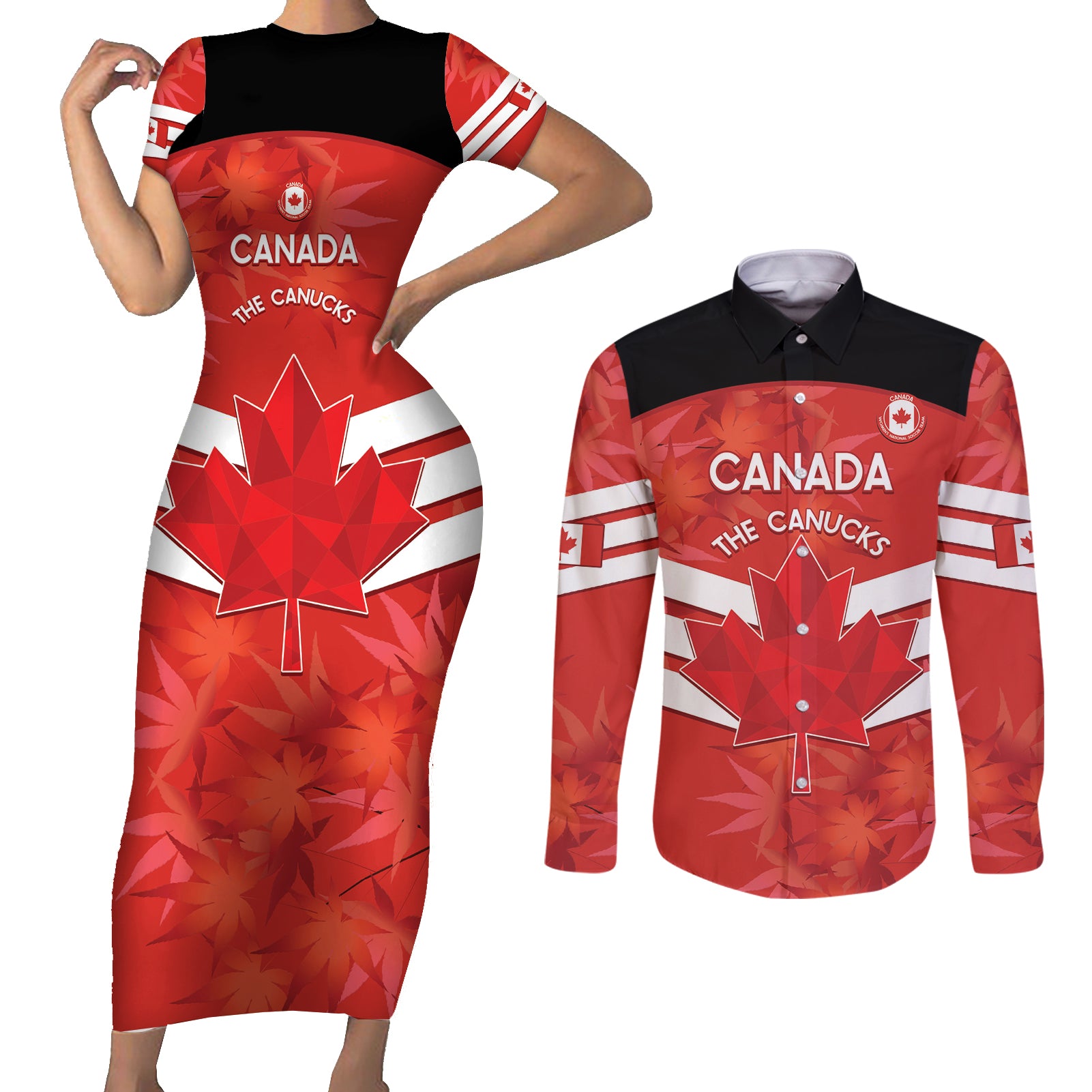 Custom Canada Soccer Couples Matching Short Sleeve Bodycon Dress and Long Sleeve Button Shirt Summer 2024 Go Champions Canucks - Wonder Print Shop