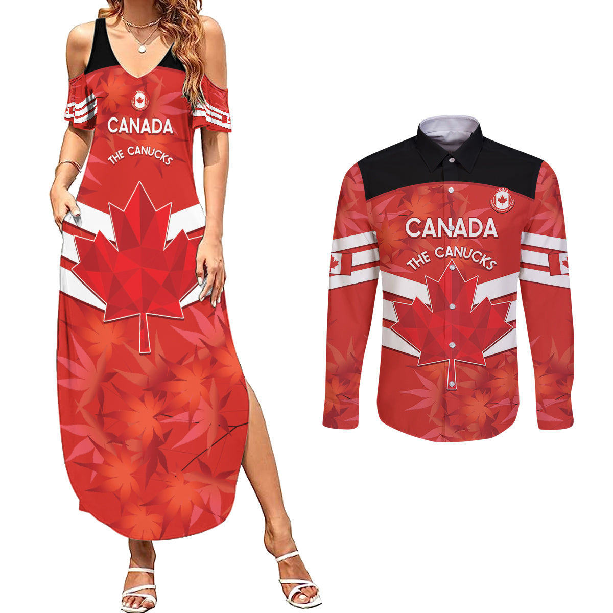 Custom Canada Soccer Couples Matching Summer Maxi Dress and Long Sleeve Button Shirt Summer 2024 Go Champions Canucks - Wonder Print Shop