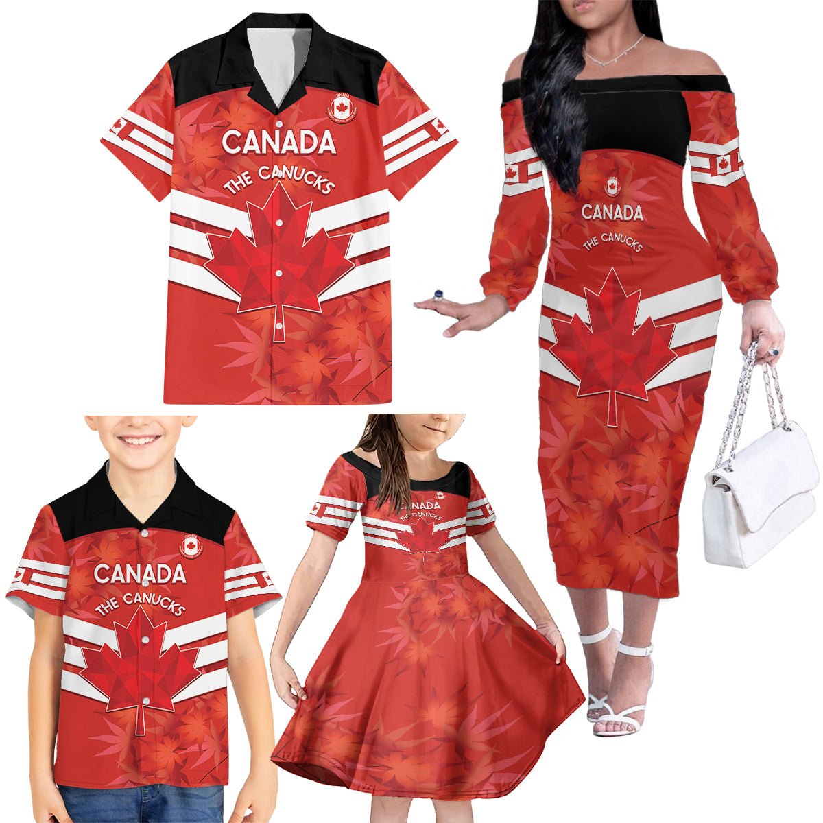 Custom Canada Soccer Family Matching Off The Shoulder Long Sleeve Dress and Hawaiian Shirt Summer 2024 Go Champions Canucks - Wonder Print Shop