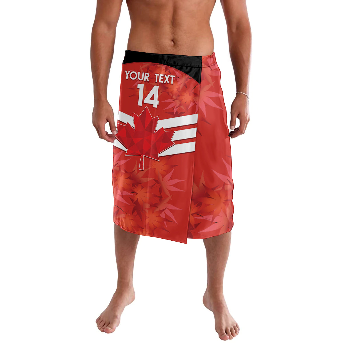Red custom Canada soccer swim shorts with black waistband, leaf logo and number 14
