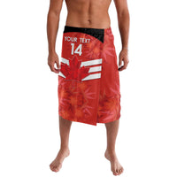 Red custom Canada soccer swim shorts with black waistband, leaf logo and number 14