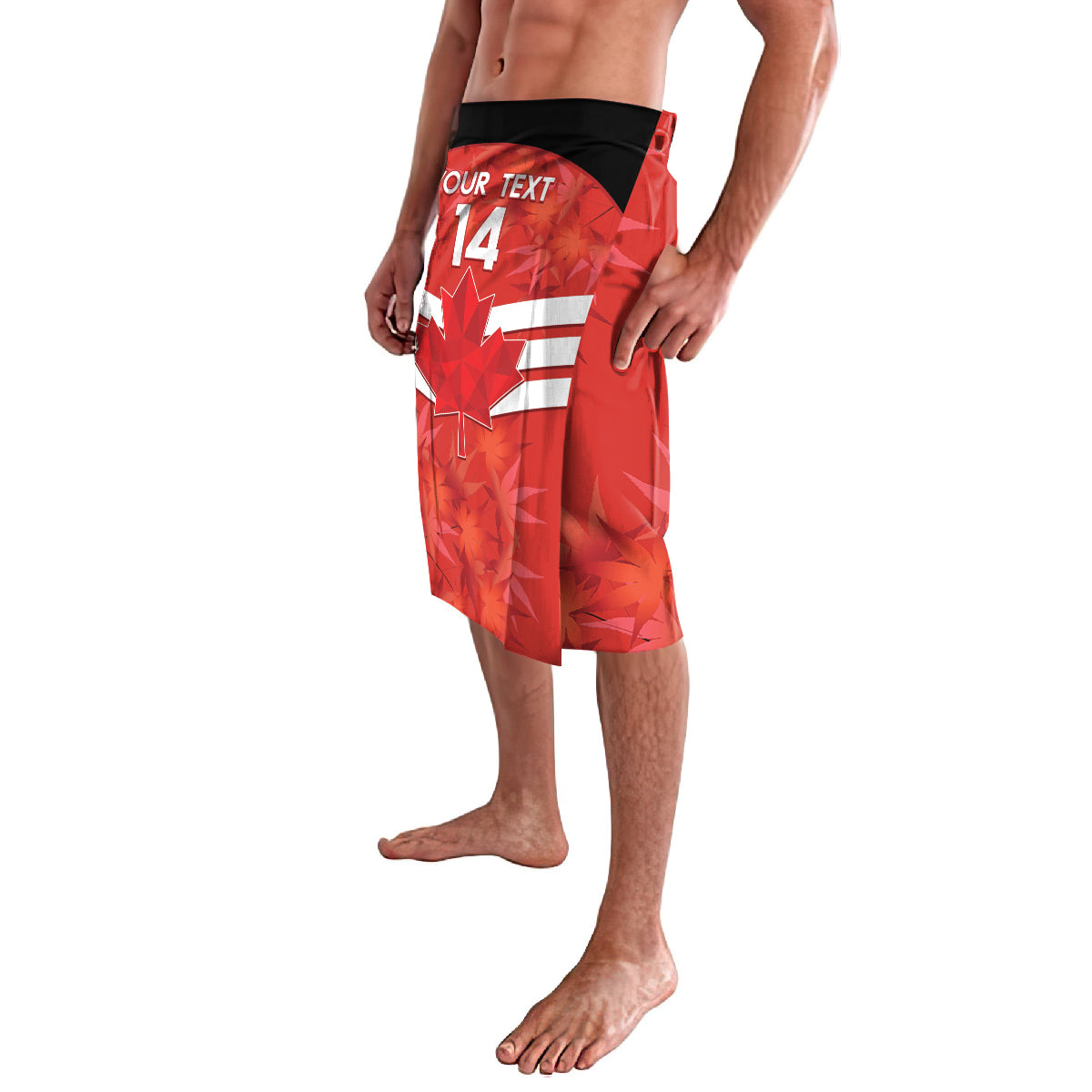 Red custom Canada soccer swim shorts with black waistband, leaf logo, number 14 and custom text
