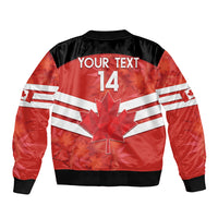 Red zip bomber jacket back with Your Text 14, leaf emblem, white stripes, ribbed hem