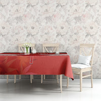 Red tablecloth with white stripe pattern on dining table, corner-drape visible.