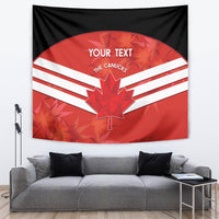 Red and black Canada-themed tapestry with bold maple leaf, white stripes, and “YOUR TEXT”.