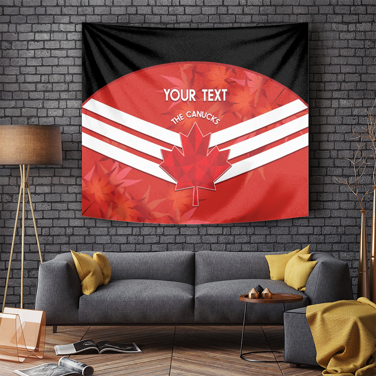 Red and black Canada-themed wall tapestry with white stripes, maple leaf, and “YOUR TEXT”.