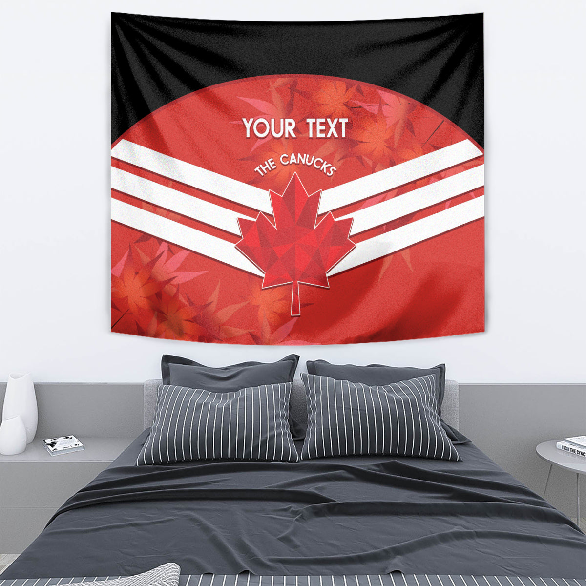 Red and black wall tapestry featuring a red maple leaf emblem, white stripes, and “YOUR TEXT”.