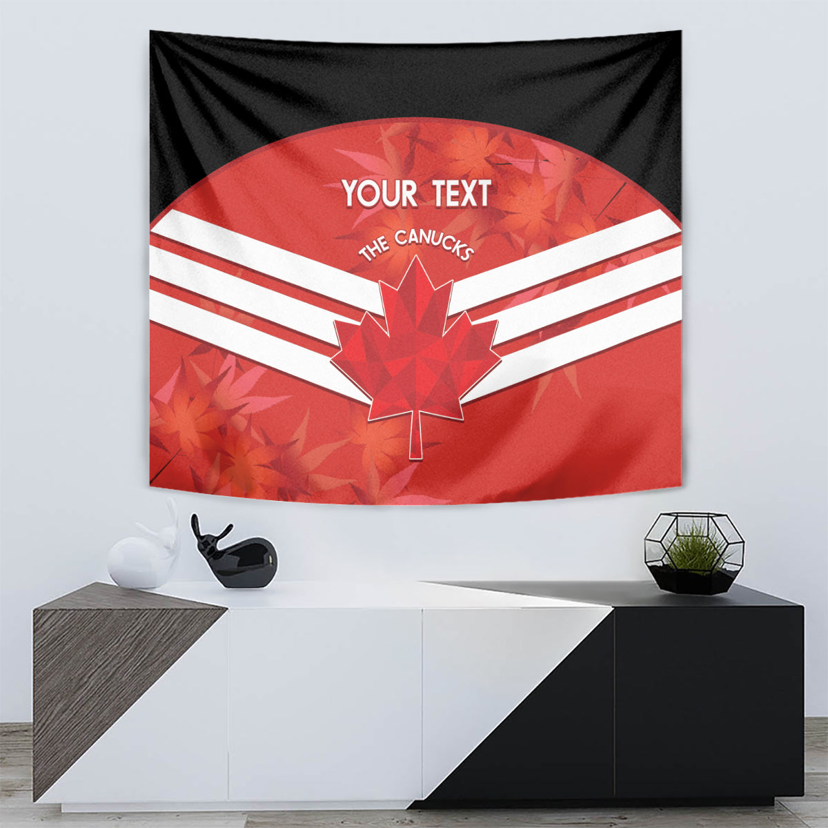 Canada-style red wall tapestry with black border, centered maple leaf, and “YOUR TEXT” header.