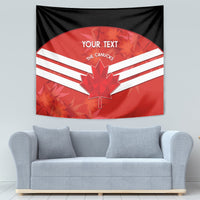 Red and black hanging tapestry with white diagonal stripes and a central maple leaf graphic.