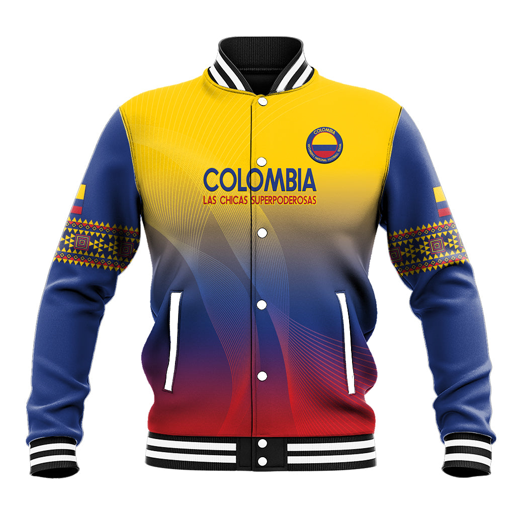 Yellow and navy baseball jacket with striped ribs; front crest and “COLOMBIA” text