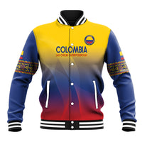 Yellow and navy baseball jacket with striped ribs; front crest and “COLOMBIA” text