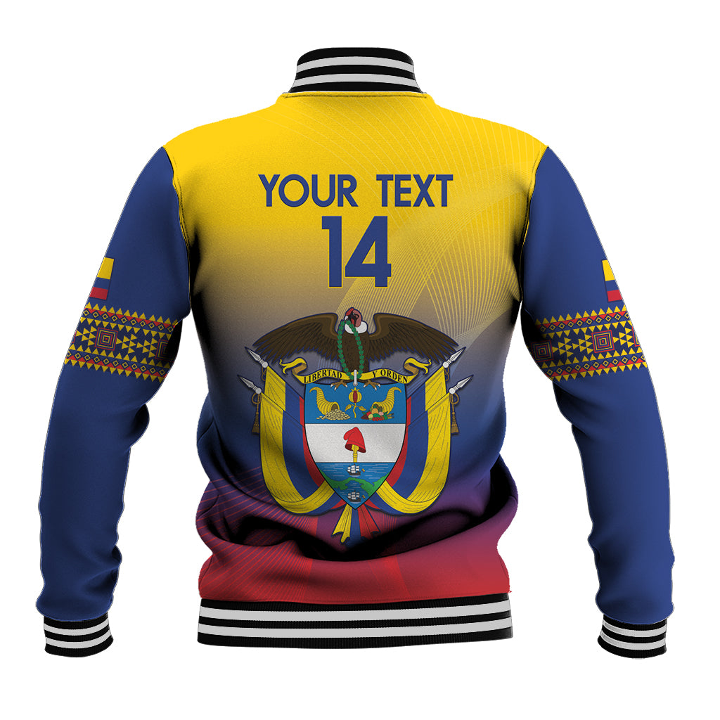 Yellow and navy baseball jacket with striped ribs; back graphic reads “YOUR TEXT 14”
