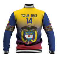 Yellow and navy baseball jacket with striped ribs; back graphic reads “YOUR TEXT 14”