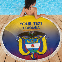 Round yellow and blue beach blanket with Colombia crest and 'YOUR TEXT' lettering, white fringe