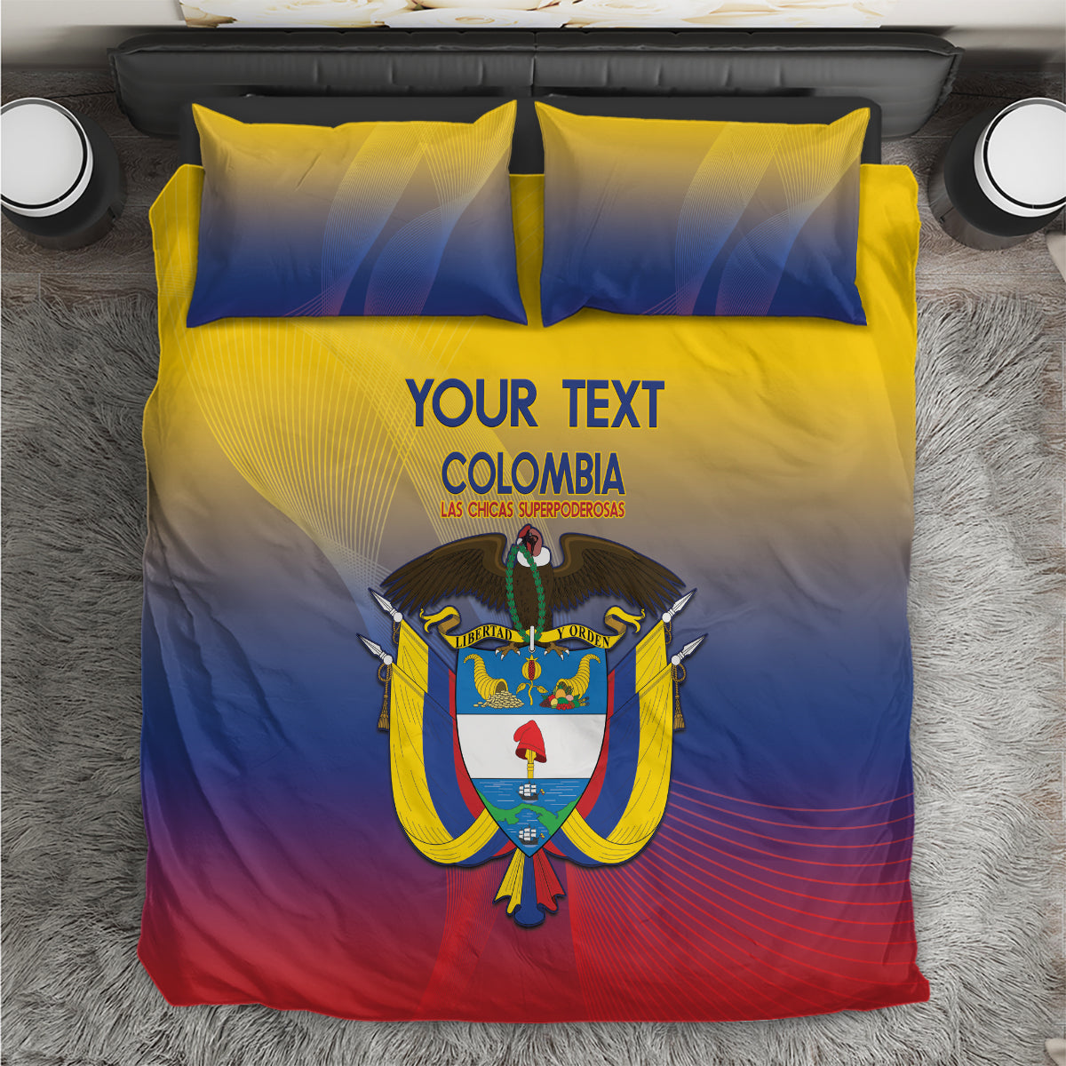 Yellow, blue, and red Colombia-themed bedding set with matching pillows and crest design