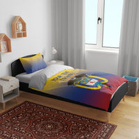 Colombia-themed bedding set on a bed with duvet and two pillows in blue-yellow-red