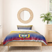 Blue, yellow, and red Colombia bedding set with duvet and pillow featuring crest emblem