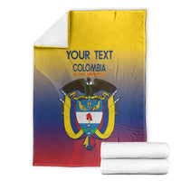 Stacked football blanket set: Colombia crest with 'YOUR TEXT' on yellow-to-blue-to-red.