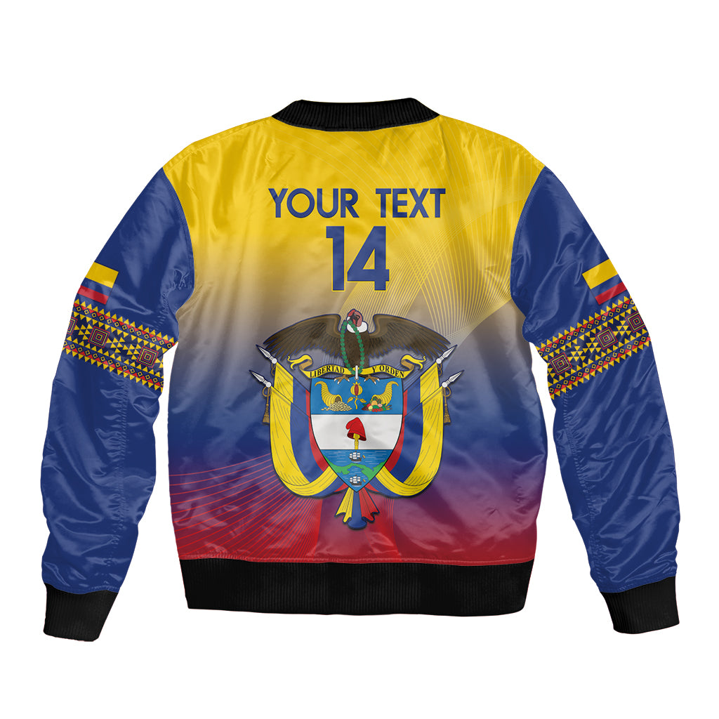Yellow and blue football bomber jacket back, ribbed hem, 'YOUR TEXT 14' emblem