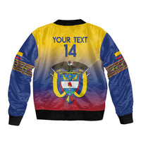 Yellow and blue football bomber jacket back, ribbed hem, 'YOUR TEXT 14' emblem
