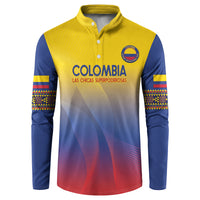 Men's button-up football sweatshirt, yellow-to-blue-to-red gradient with crest and logo