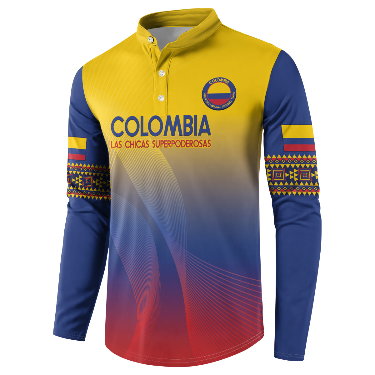 Yellow and blue button-up football sweatshirt with long sleeves, crest badge and team text