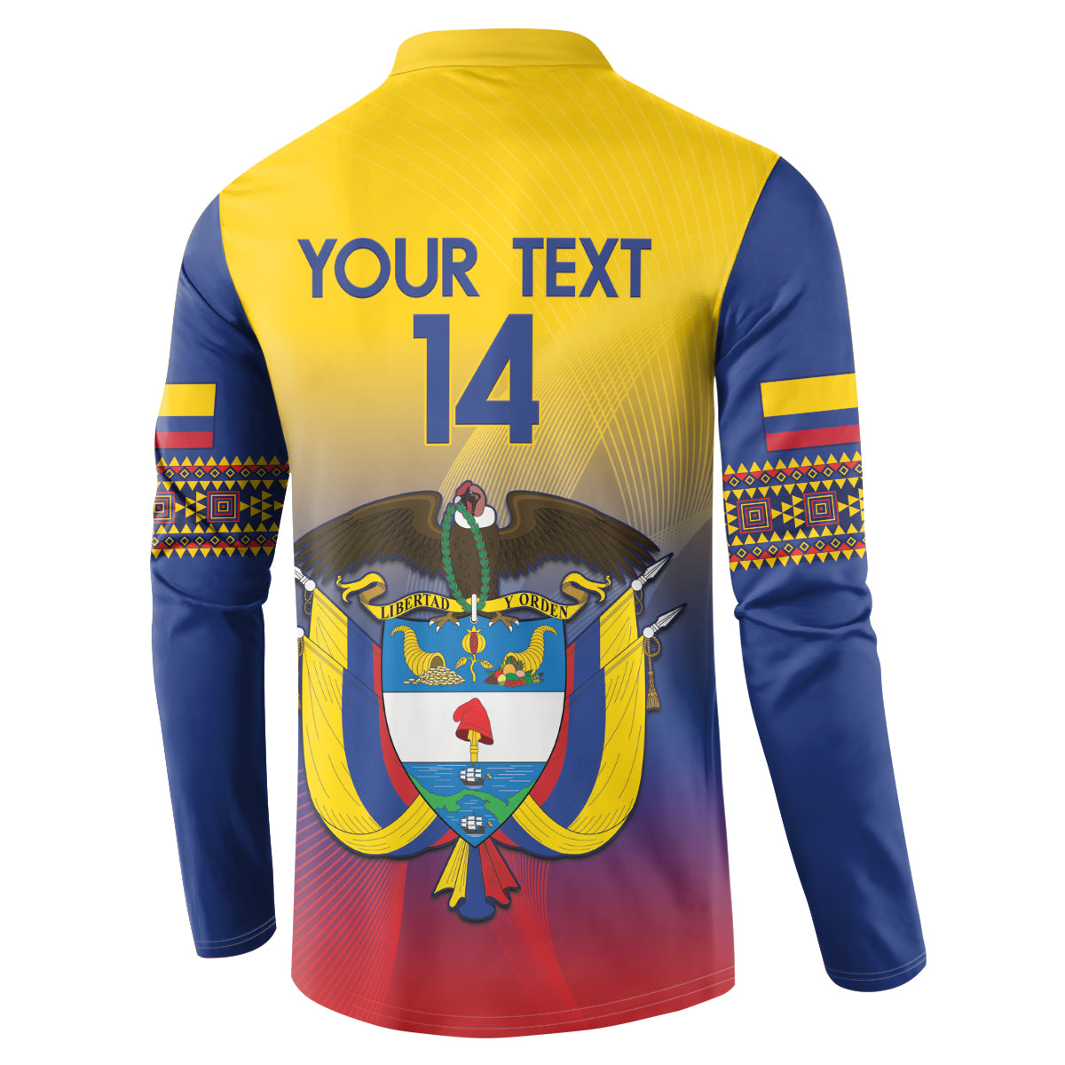Football sweatshirt back view: yellow, blue, and red gradient with 'YOUR TEXT' and 14