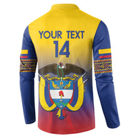 Football sweatshirt back view: yellow, blue, and red gradient with 'YOUR TEXT' and 14