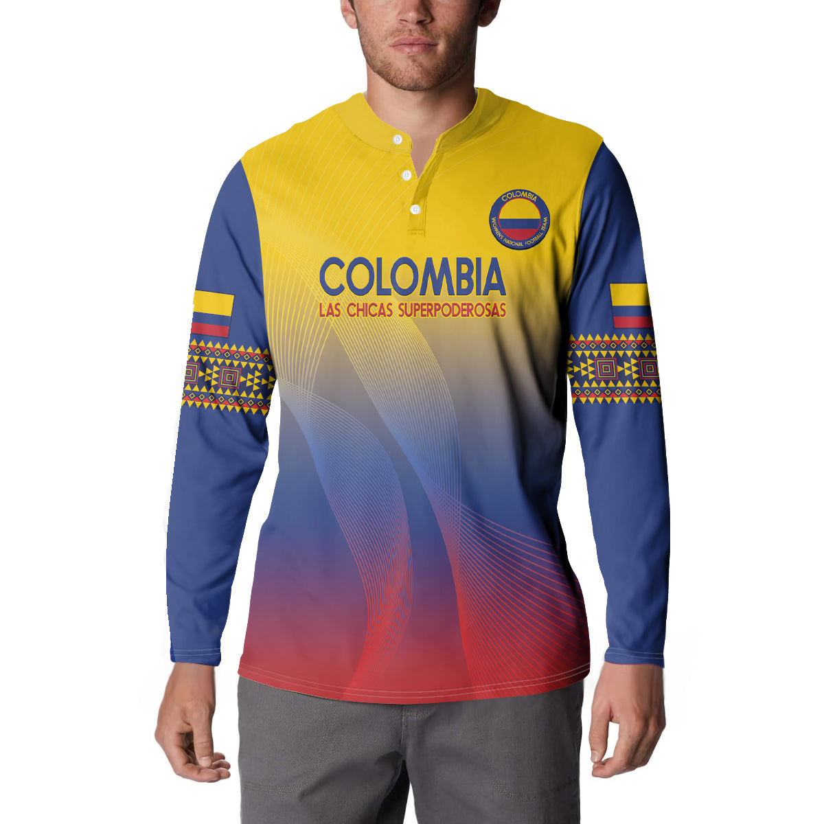 Men's football sweatshirt in yellow/blue/red gradient with button placket and crest badge