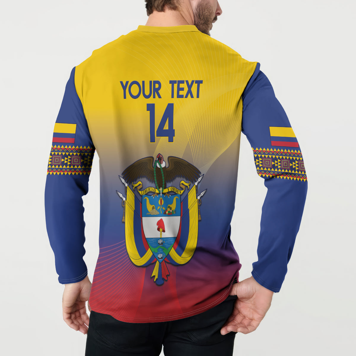 Football sweatshirt back view with 'YOUR TEXT' 14 and large crest emblem on center