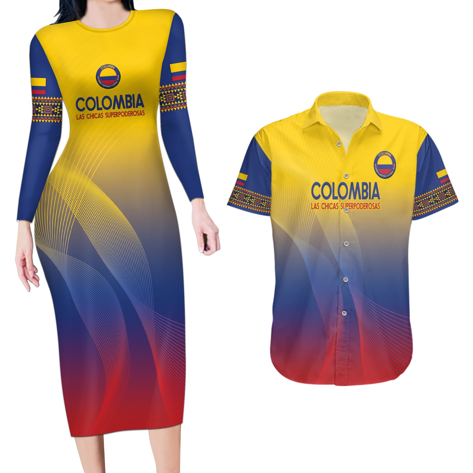 Custom Colombia Football Couples Matching Long Sleeve Bodycon Dress and Hawaiian Shirt Summer 2024 Las Chicas Superpoderosas - Wonder Print Shop