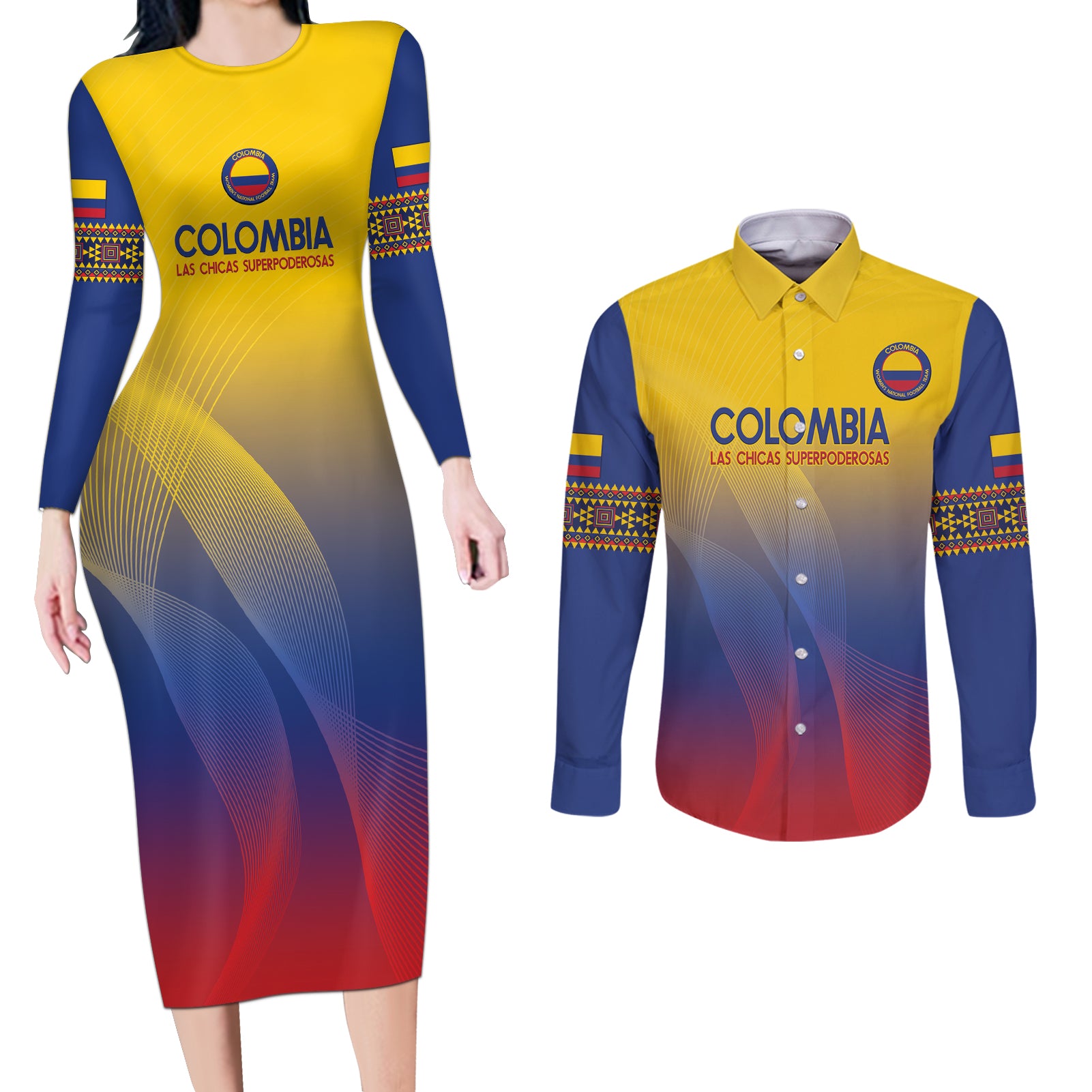 Custom Colombia Football Couples Matching Long Sleeve Bodycon Dress and Long Sleeve Button Shirt Summer 2024 Las Chicas Superpoderosas - Wonder Print Shop