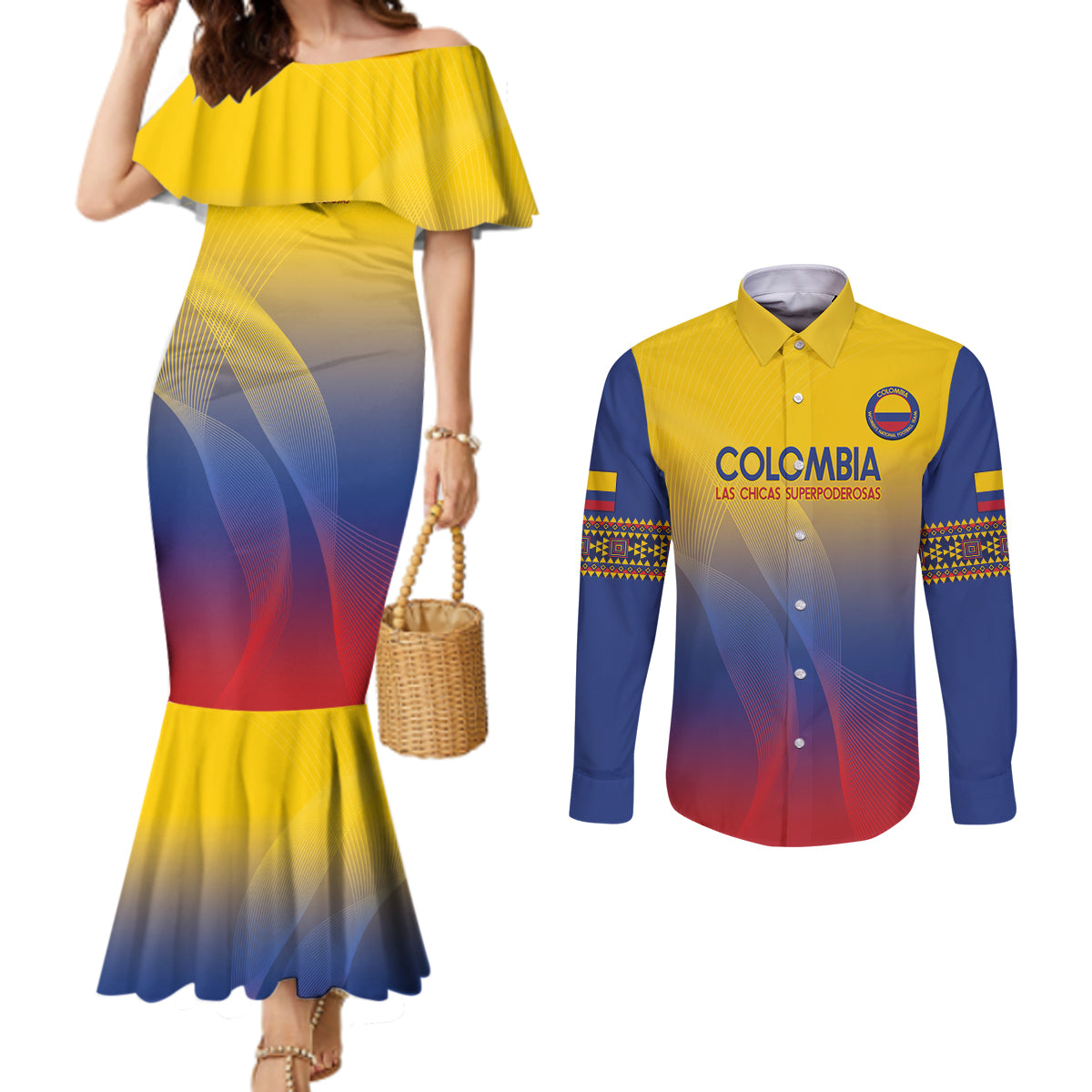 Custom Colombia Football Couples Matching Mermaid Dress and Long Sleeve Button Shirt Summer 2024 Olympic Las Chicas Superpoderosas