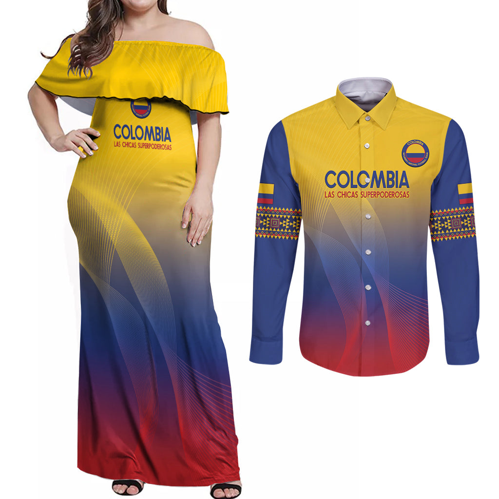 Custom Colombia Football Couples Matching Off Shoulder Maxi Dress and Long Sleeve Button Shirt Summer 2024 Las Chicas Superpoderosas - Wonder Print Shop