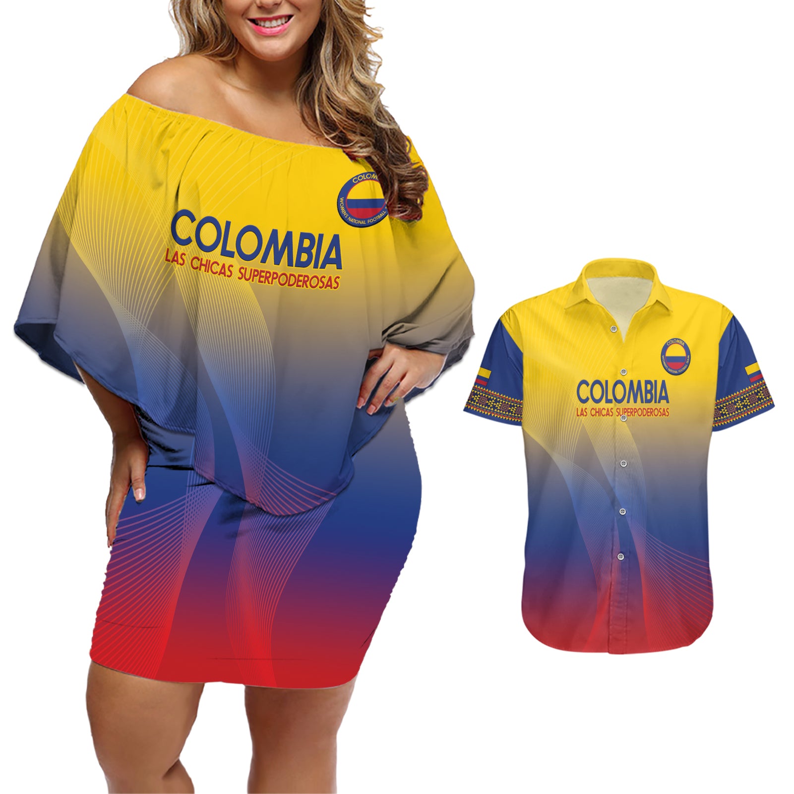 Custom Colombia Football Couples Matching Off Shoulder Short Dress and Hawaiian Shirt Summer 2024 Las Chicas Superpoderosas - Wonder Print Shop