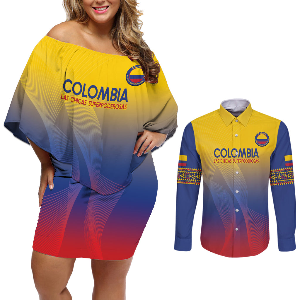 Custom Colombia Football Couples Matching Off Shoulder Short Dress and Long Sleeve Button Shirt Summer 2024 Las Chicas Superpoderosas - Wonder Print Shop